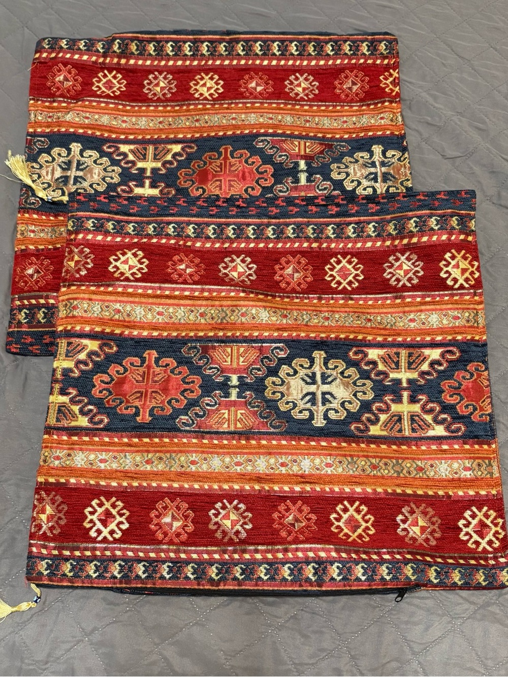 Vintage Striking Red Blue Gold Tapestry Zippered Two Pillow Covers